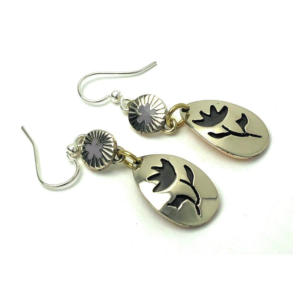 Far Fetched Cutout Flower Dangle Earrings Handmade Silver Plated - Picture 3 of 7